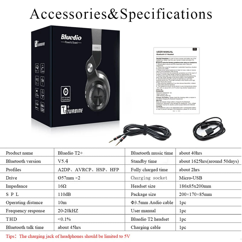 Bluedio T2+ Bluetooth Headphone Wireless Headset Foldable Sports Earphone Bluetooth 5.4 HIFI Sound 57mm Strong Bass SD Card Slot