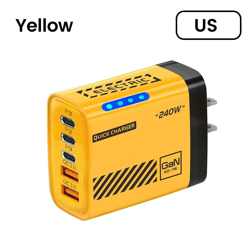 5 Port GaN Fast Charger 240W USB C PD Charger QC 3.0 Wall Adapter for iPhone Samsung Xiaomi Huawei Fast Charging EU US Plug LED
