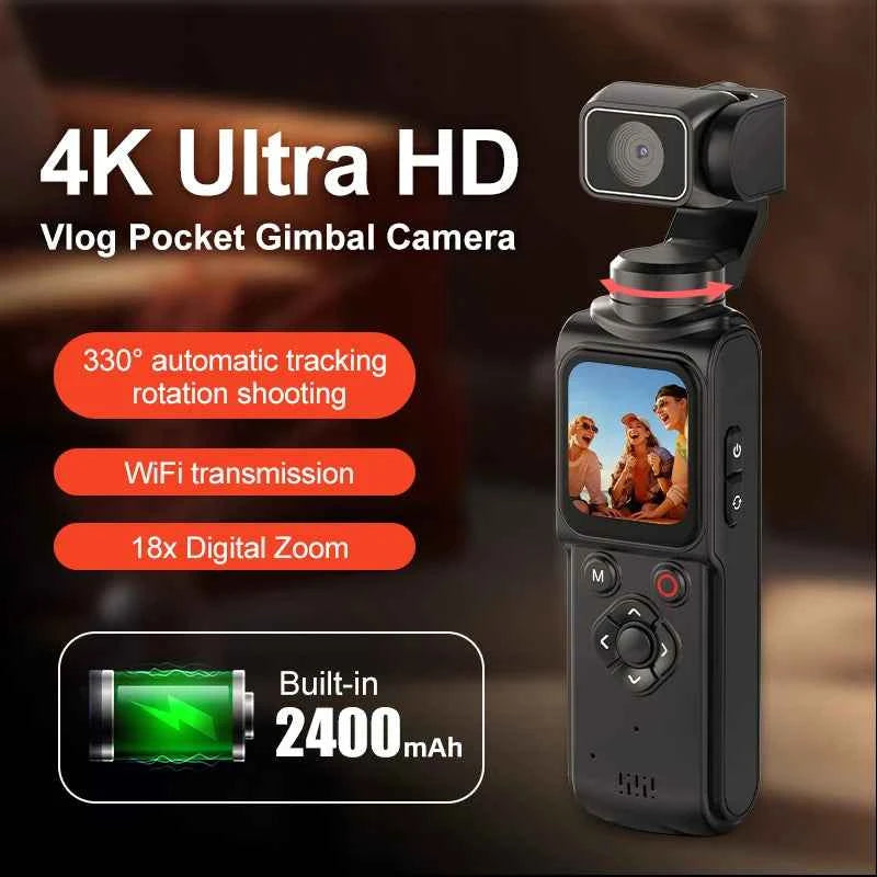 4K Vlog Pocket Gimbal Camera with 330° Face Tracking, 18x Zoom, WiFi, 2400mAh Battery–Handheld Stabilizer for YouTube,TikTok