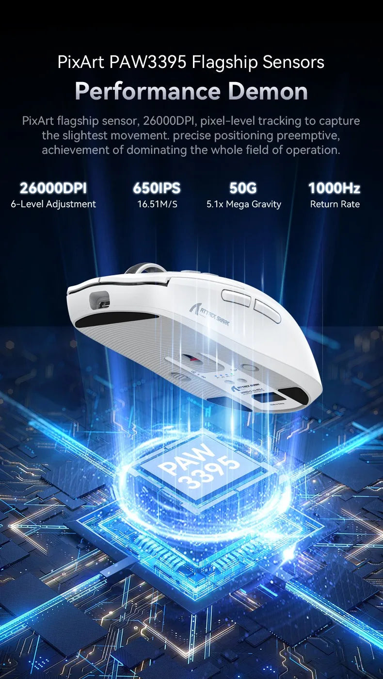 ATTACK SHARK X6 Wireless Macro Gaming Mouse PAW3395 26000 DPI Tri-Mode Wired/2.4G/BT5.2 Connection Magnetic Charging Base Mouse