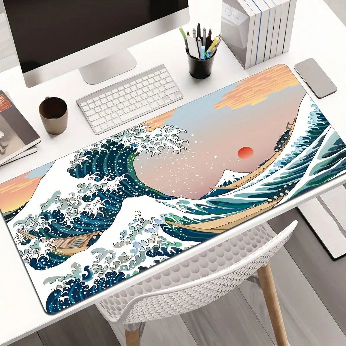 XXL Gaming Mouse Pad Featuring A Black-And-White Wave Art Design; Washable Surface; Stylish Rectangular Desk Mat Suitable For Desktops, Laptops, Office Work