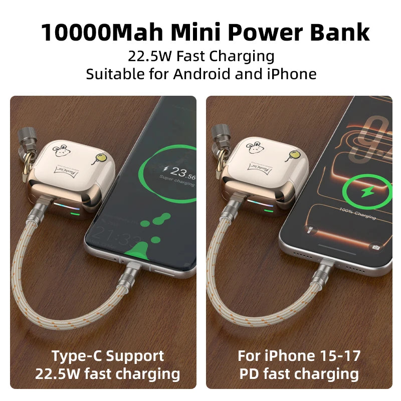 Vyvylabs CCC 10000mAh Mini Cute Power Bank 22.5W PD Fast Charging Switchable Lightning Type-C Cable for iPhone Samsung AirPods