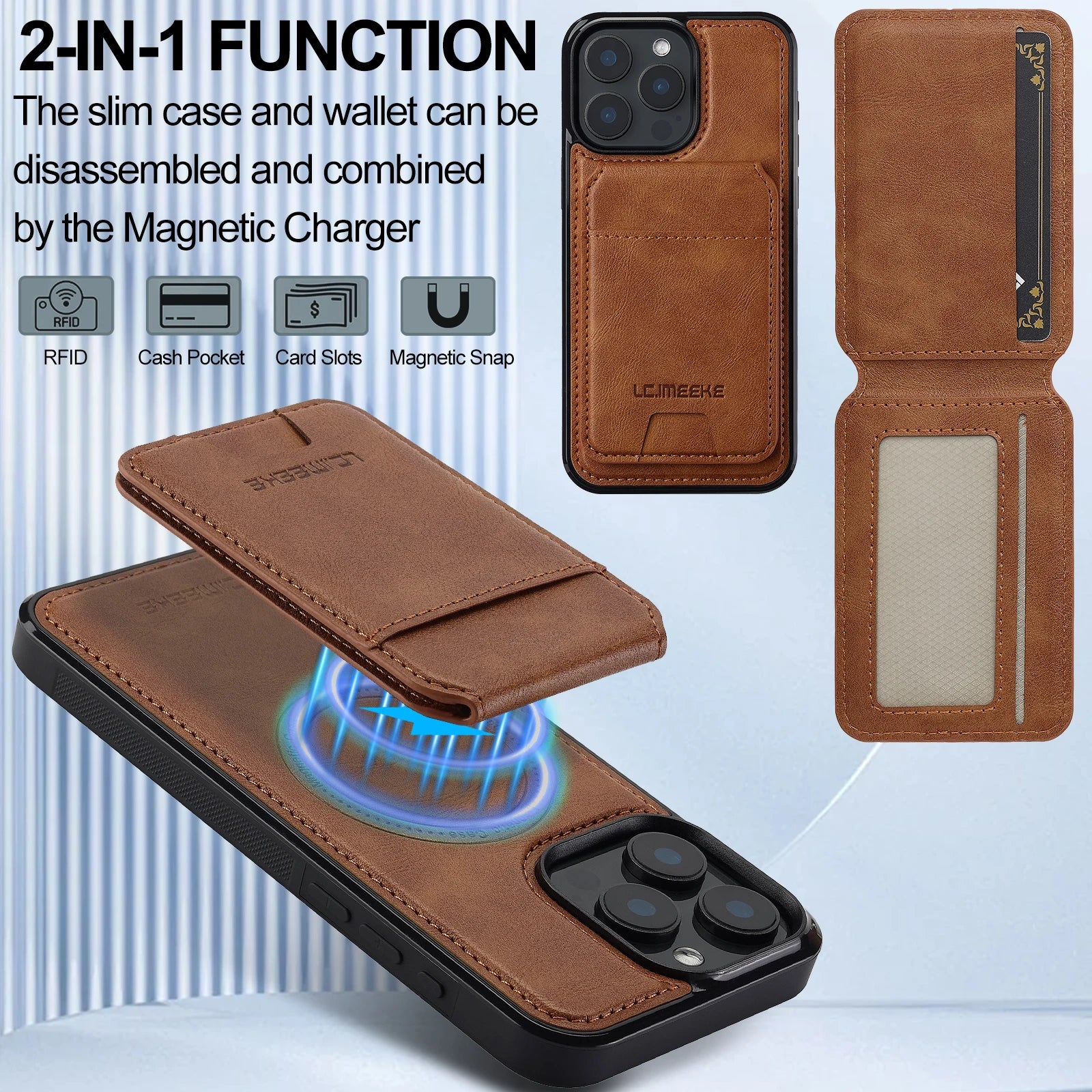 2 in 1 Detachable Leather iPhone Case with Card Pocket - Magnetic Cover for iPhone 17 pro Max 17 Air 15 14 13 12 11 pro Max