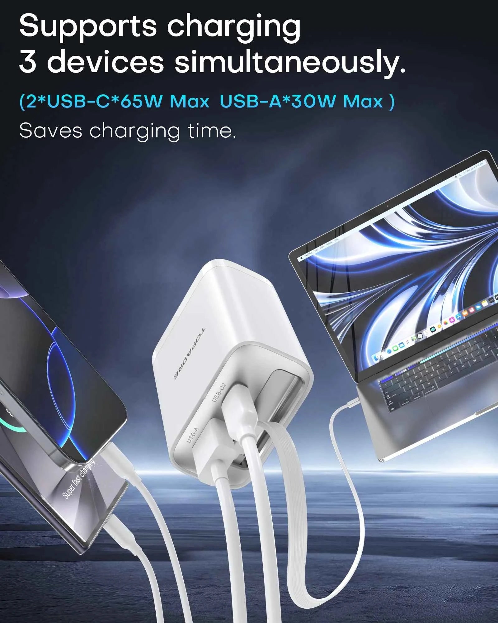65W GaN Wall Charger with Retractable USB-C Cable, Dual-Port PD 3.0 & QC 4+ / 4.0 Fast Charging for iPhone, Galaxy, Pixel, iPad, Tablets, Nintendo Switch, AirPods
