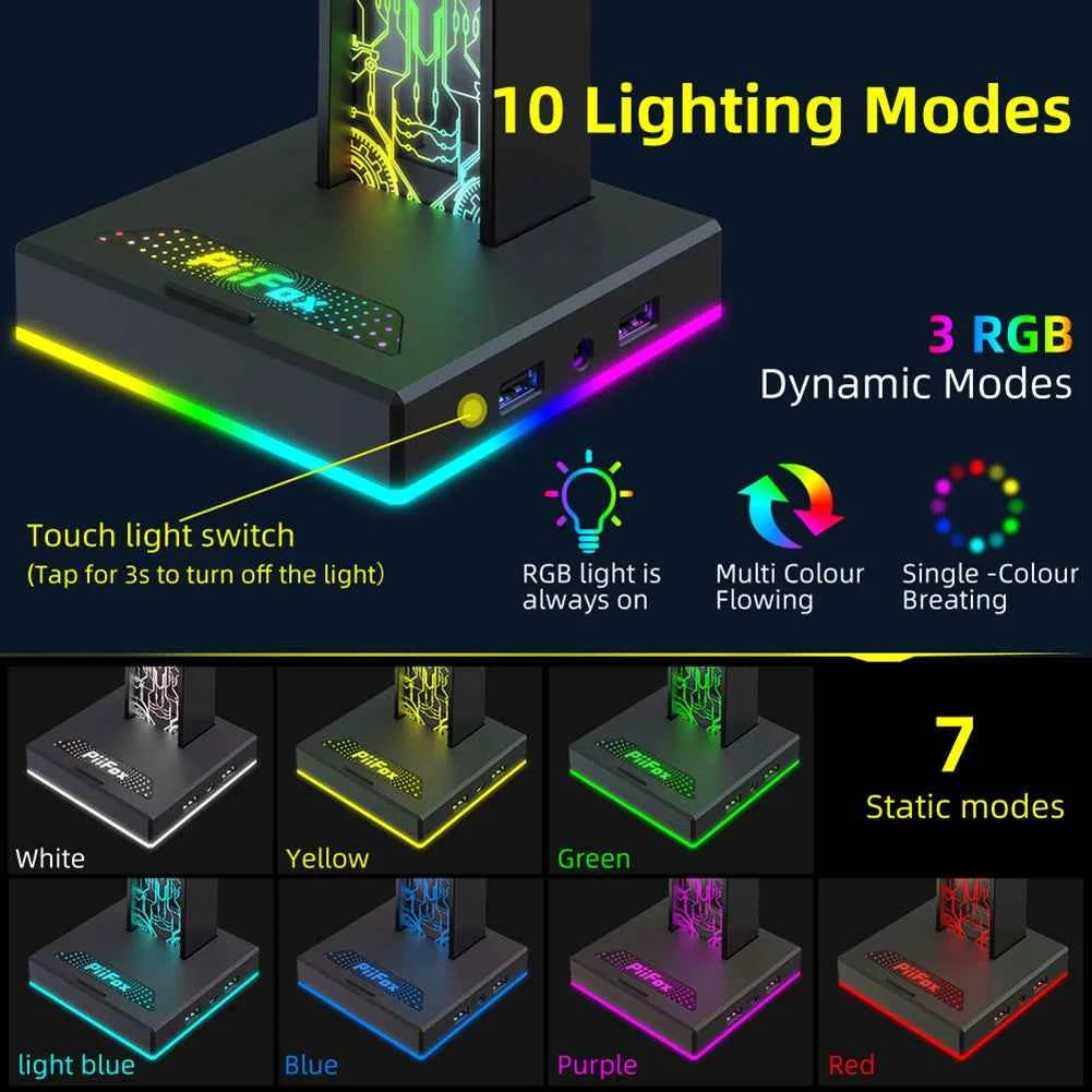 RGB Gaming Headphone Stand Dual USB Port 3.5mm Audio Port 10 Lighting Effects Desktop Gaming Headset Holder Hanger for Gamer PC