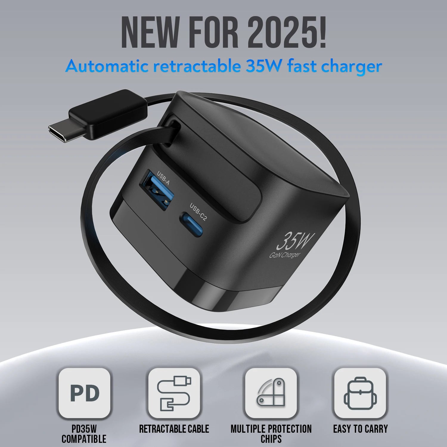 35W GaN Fast Charger with Retractable Cable, Foldable Plug, Quick Charging Block, for iPhone , Samsung , iPad, Android Phones
