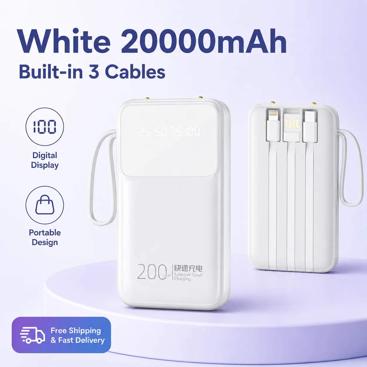 20000mAh Portable Power Bank Built-in 3 Cables Rechargeable External Battery Pack with Digital Display for iPhone Android