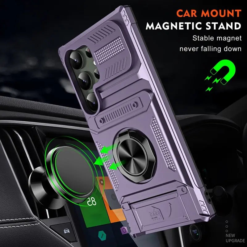 Card slot phone case for Samsung S25 Ultra Edge S23 S24 Plus FE A56 A55,with magnetic rotating ring holder, thickened shockproof