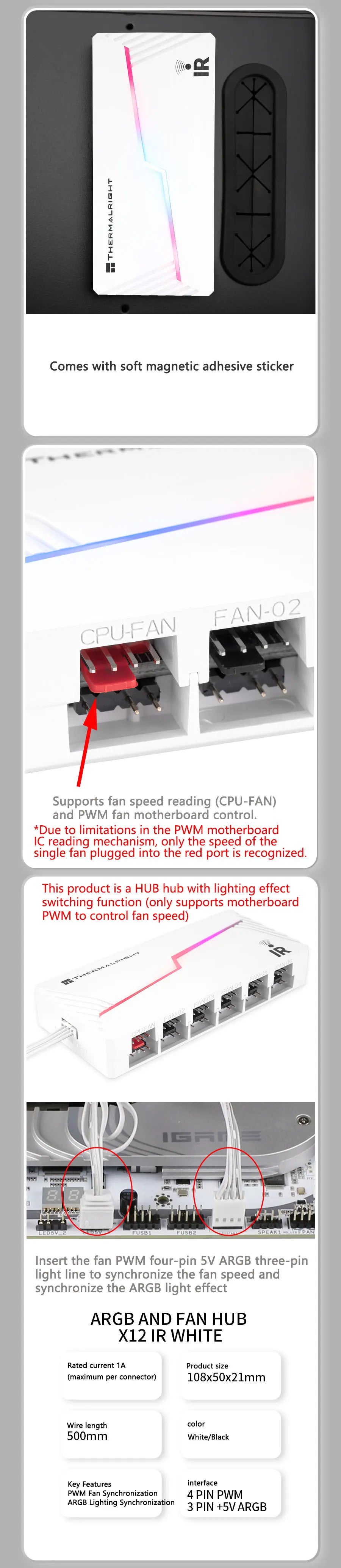 Thermalright TL-ARGB & FAN HUB Computer fan hub，ARGB And PWM Light and speed synchronization/Included remote control