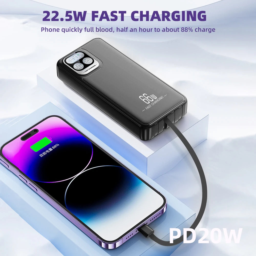 66W Fast Charging Power Bank Built-in 4 Cables LED Digital Display Portable PD20W External Battery Pack Polymer Safe Powerbank for iPhone Android Phones