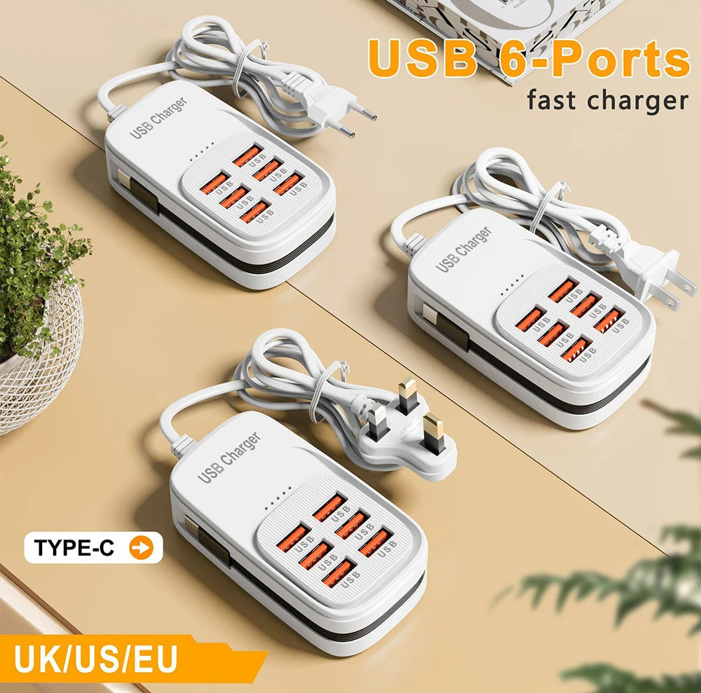 Fast USB Charger 6 in 1 Power Strip Desktop Charging Station Fast Charging Cord EU/UK/US Plug USB HUB Adapter Socket 3PD 3USB iphone charger
