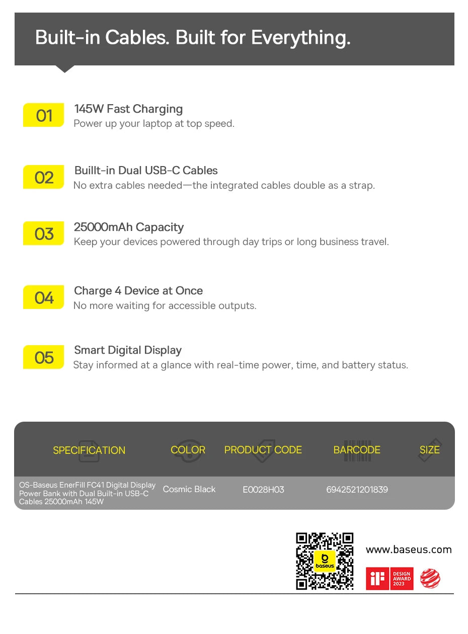 Baseus 145W Power Bank 25000mAh Fast Charging Built-In Type-C Cable Portable Battery Charger for iPhone Samsung MacBook Tablet