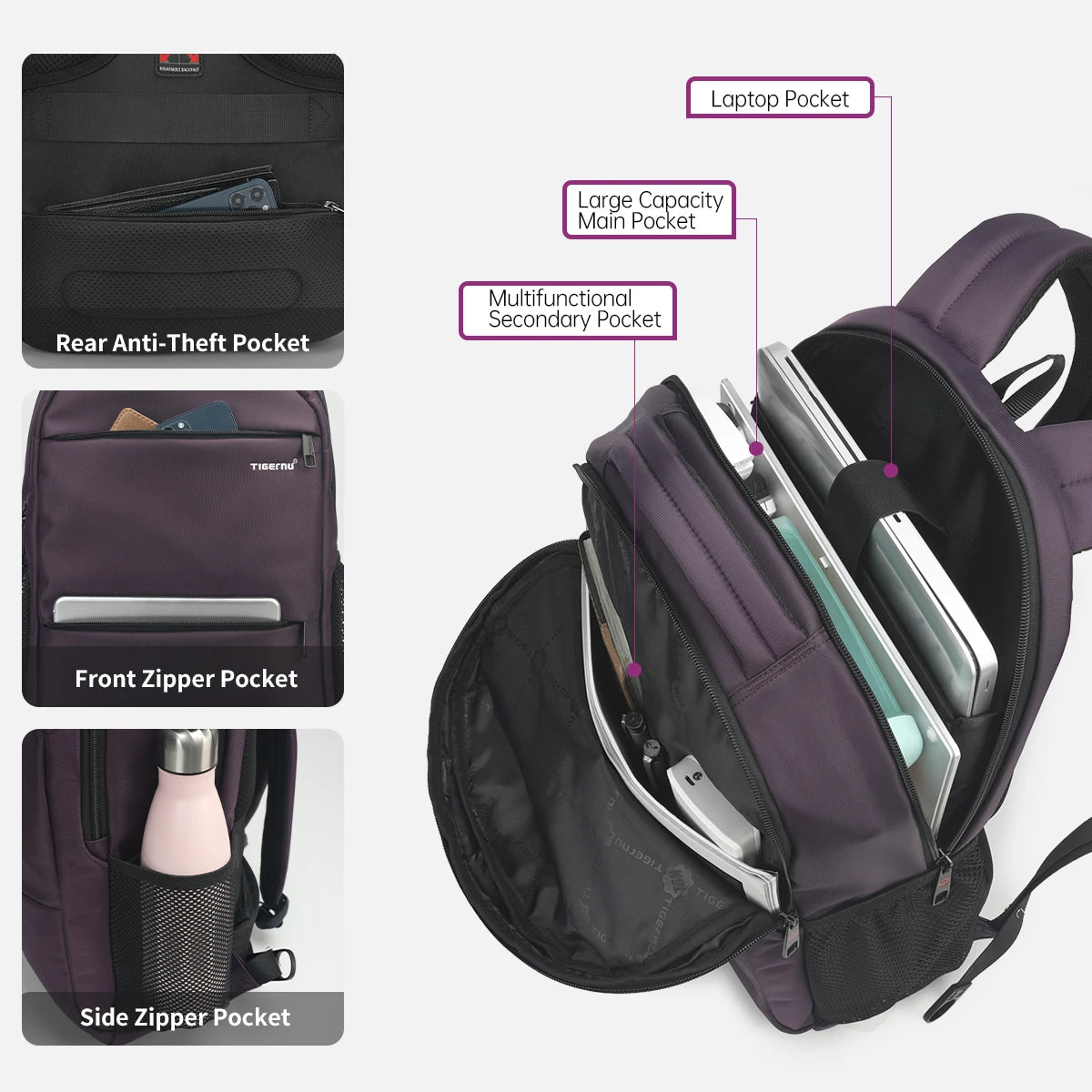 Tigernu Women’s Anti-Theft Laptop Backpack 15.6 Inch – Waterproof Travel & School Backpack for Women, Stylish Purple Laptop Bag
