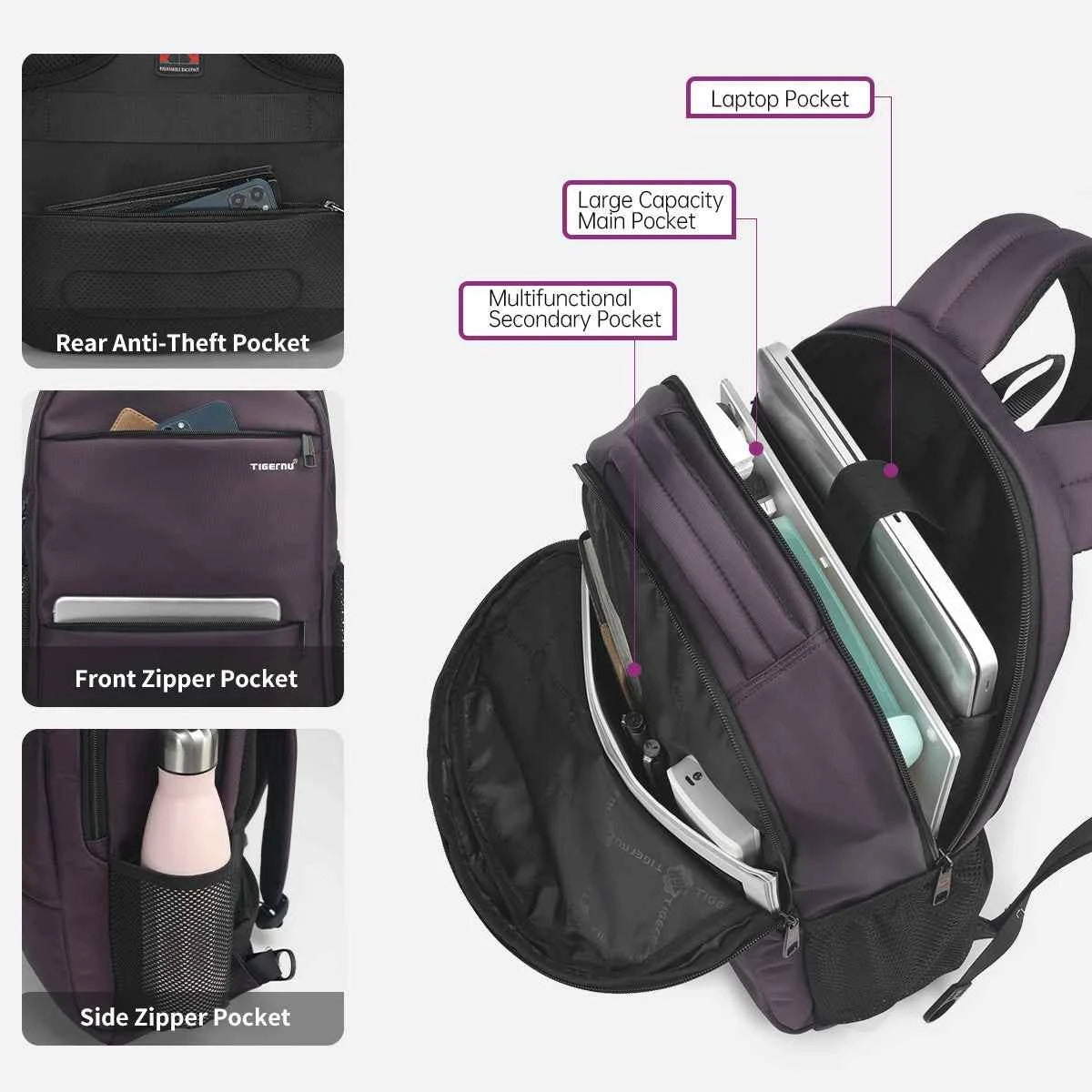 Tigernu Women’s Anti-Theft Laptop Backpack 15.6 Inch – Waterproof Travel & School Backpack for Women, Stylish Purple Laptop Bag