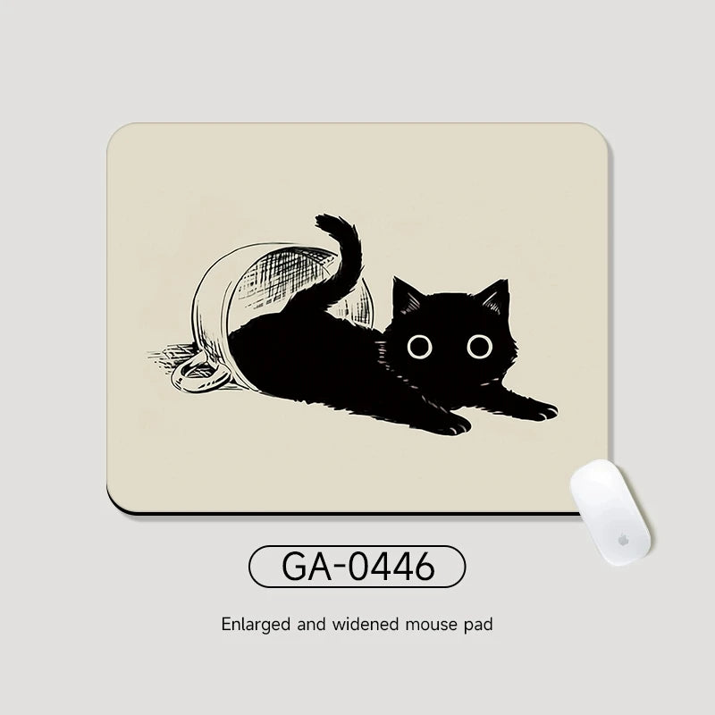 Black Cat Illustration Mouse Pad Small Office Table Mats Computer Accessories Washable Anti-slip Rubber with Precision Lock Edge