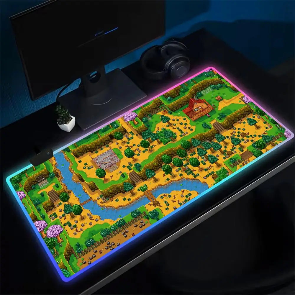 Super Farmer S-STARDEW VALLEY Mouse Pad Anime Gaming Mouse Pad LED Table Pads Backlit Rubber Desktop XXL Mousepad RGB Desk Mats