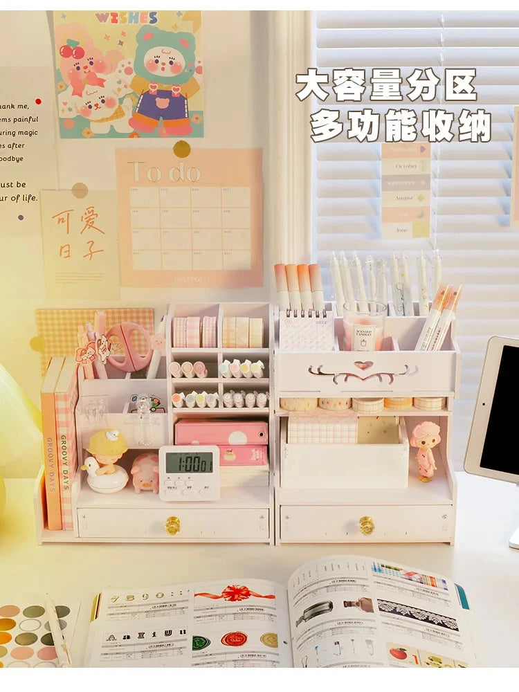 Mark Pen Pencil Holder Wooden Desk Organizers Shelves Accessories Desktop Stationery Organizer Bookshelf Home Office Storage Box