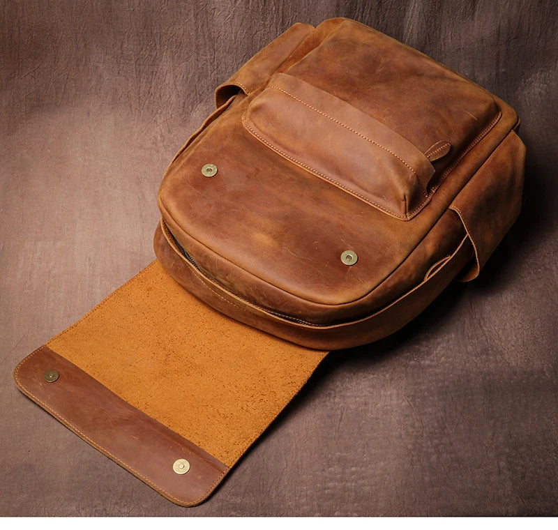 LUOKIR Genuine Leather Laptop Backpack 15 Inch – Vintage Crazy Horse Cowhide Business Travel Backpack for Men, Luxury School Computer Bag