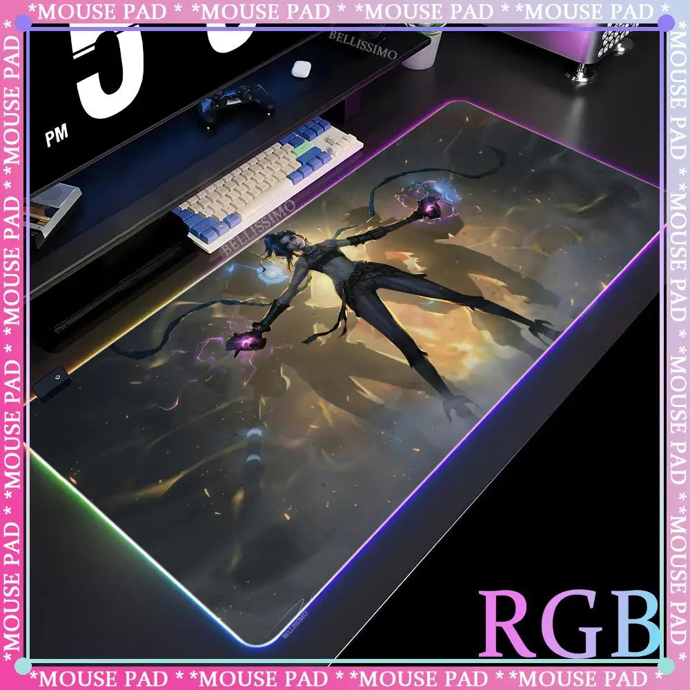 RGB League of Legends MousePad Gamer Jinx Anime Girl LED Game Accessories Keyboard Pad Large Desk mats Rubber Luminous Mouse Pad