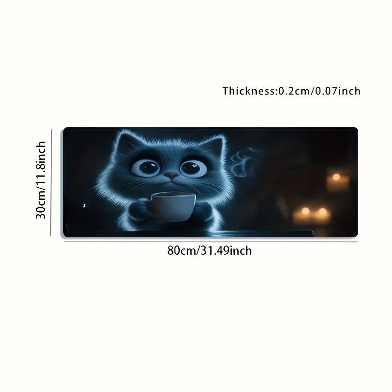 1 Large Gaming Mouse Pad - Non-Slip Washable Surface, Cute Cat Holding Coffee Design, Expressive, Extra-Long Desk Mat for PC, Office, Esports - Ideal Gamer