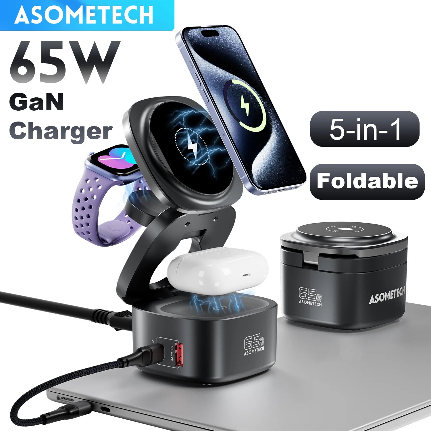 ASOMETECH 65W GaN Fast Charger For Macbook Samsung Magnetic 5 in 1 Foldable Wireless Charger Station For iPhone 16 iWatch Airpod