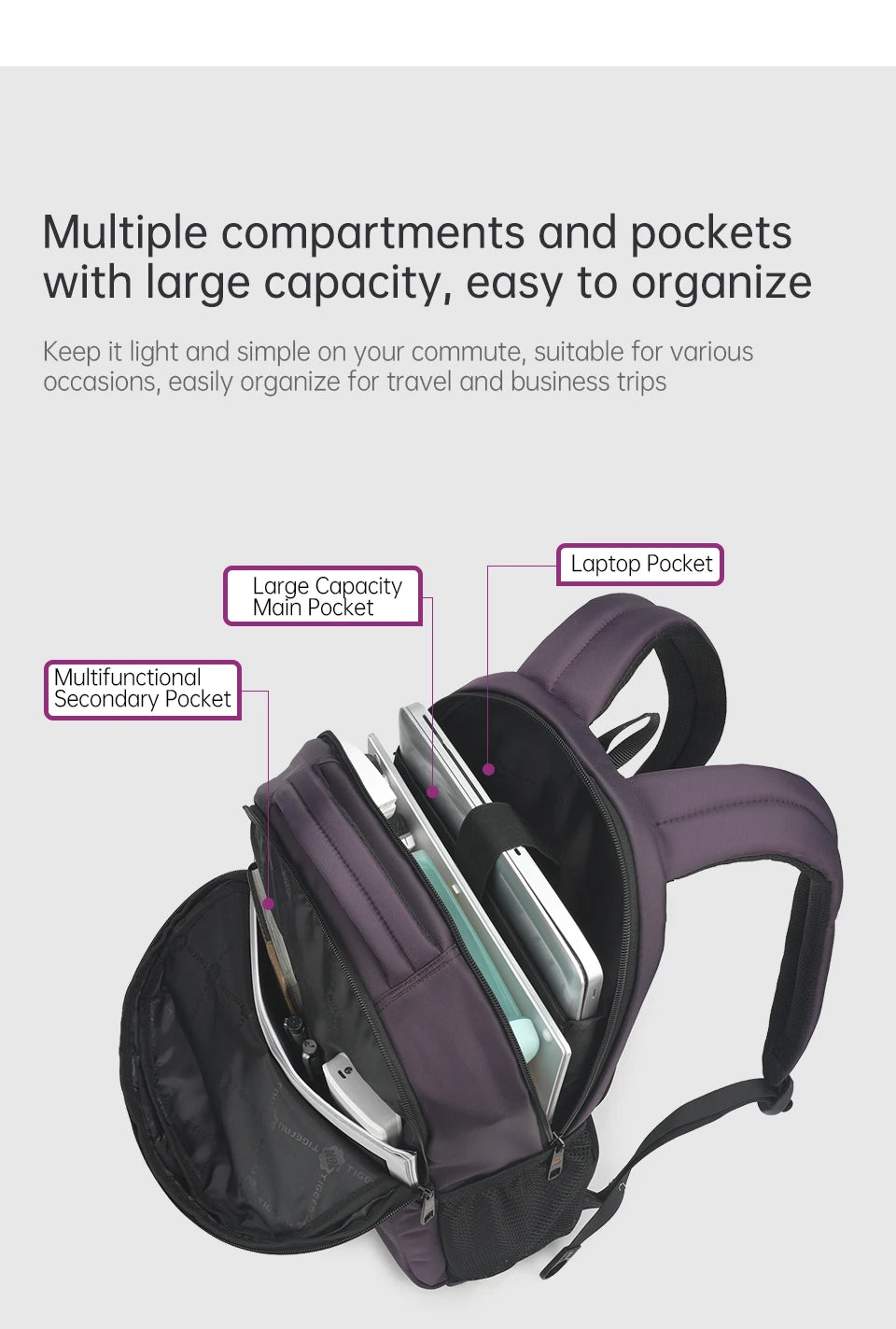 Tigernu Women’s Anti-Theft Laptop Backpack 15.6 Inch – Waterproof Travel & School Backpack for Women, Stylish Purple Laptop Bag