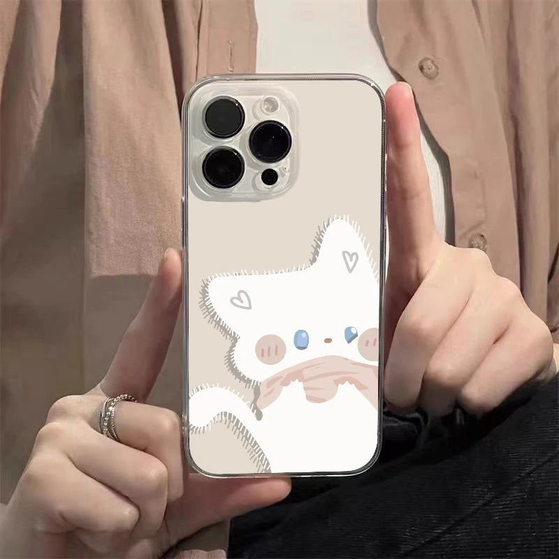Cartoon Black White Cat Couple Paired Phone Case For iPhone 17 16 Pro Max 15 14 11 12 13 Plus Clear Cover Fundas