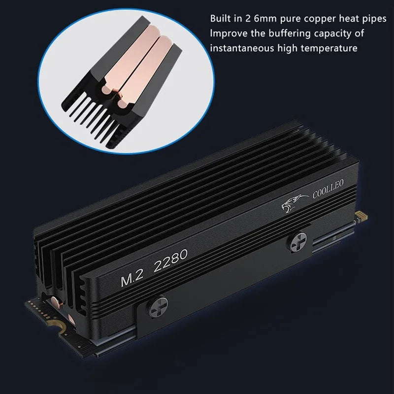 COOLLEO M.2 2280 SSD Heat sink with 14.8W/MK Thermal Pad 2 Heat Pipes Solid State Drive Radiator For M.2 NVMe 2280 SSD Cooler - WinSupport Tech