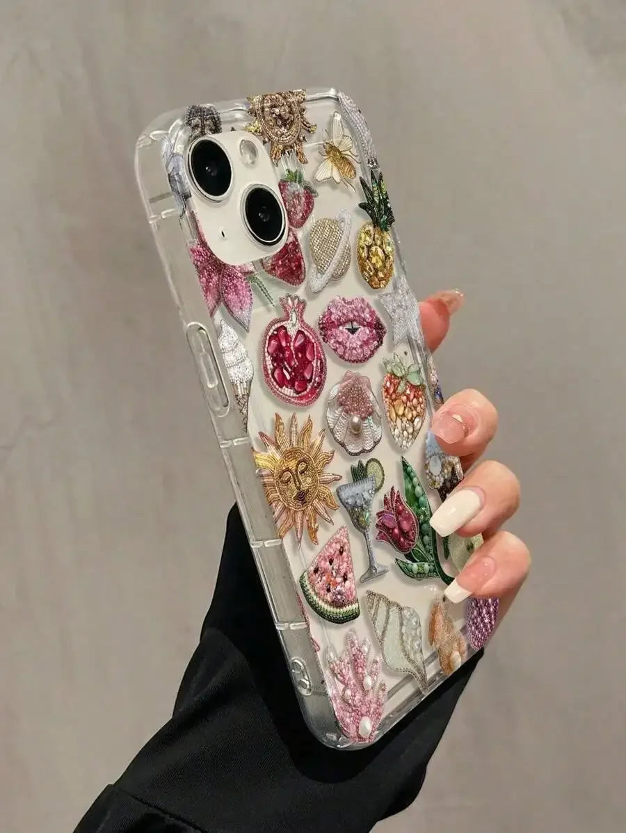 Bubble Beaded Pomegranate Lip Pattern Full TPU Shockproof Phone Case for Apple 17 16, 15, 14, 13, 12, 11 Pro Max Plus