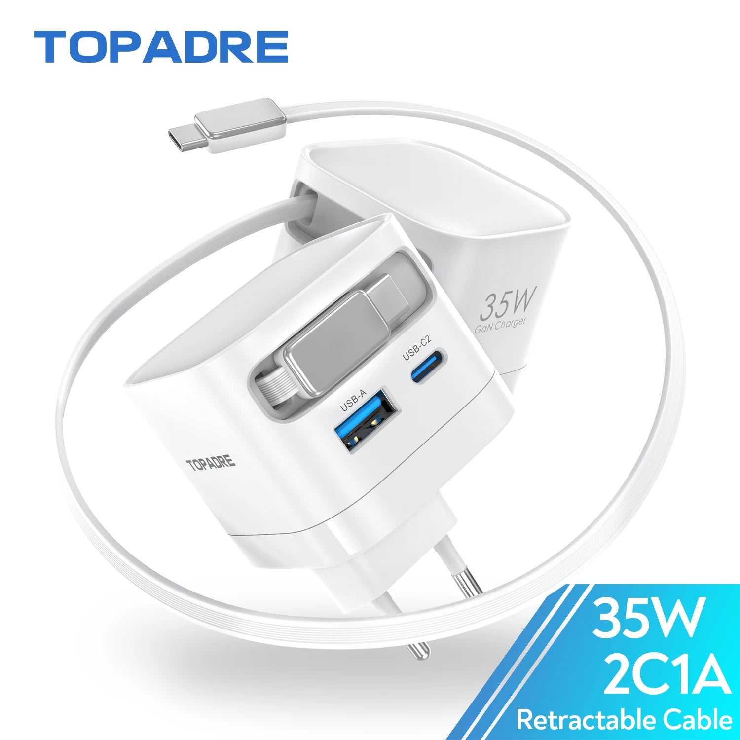 35W GaN Fast Charger with Retractable Cable, Foldable Plug, Quick Charging Block, for iPhone , Samsung , iPad, Android Phones