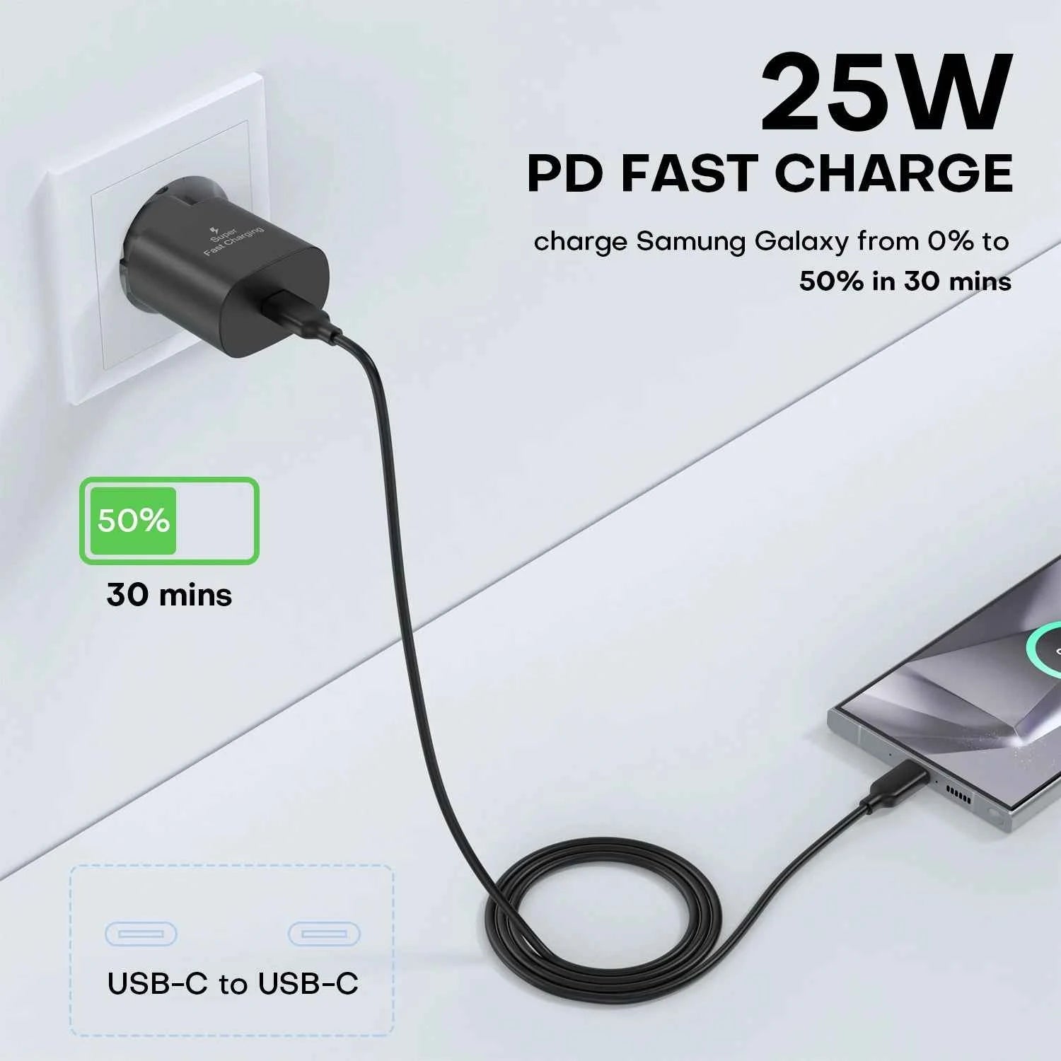 for Sumsamg 25W USB C Charger Super Fast Charger with 2m Charging Cable, Type C Mobile Phone Power Supply Adapter for Sumsamg