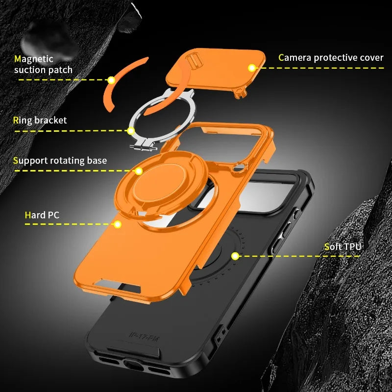 Luxury Heavy Duty Rugged Armor Magnetic Bracket Case For iPhone 17Air 16 15 14 17 Pro Max Plus Slide Camera Protection PC Cover