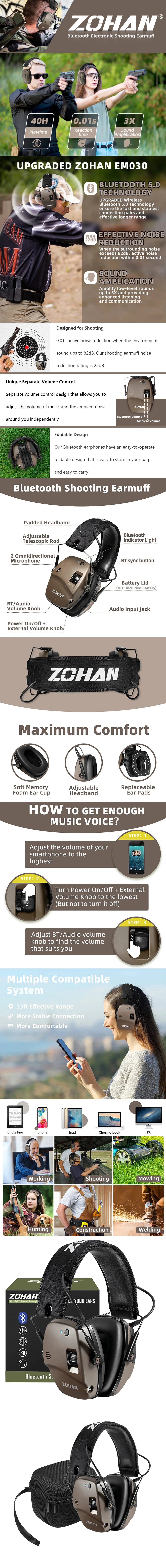ZOHAN 5.0 Bluetooth Electronic Tactics Shooting Earmuffs Hearing Protection Anti-Noise Sound Amplification For Hunt Shoot Range