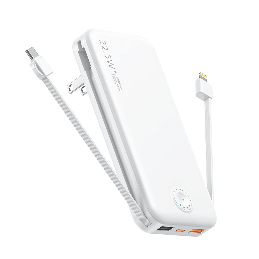 Portable Charger for iPhone Built in Cables and Wall Plug,12000mAh Slim Fast Charging USB C Power Bank,Travel Essential