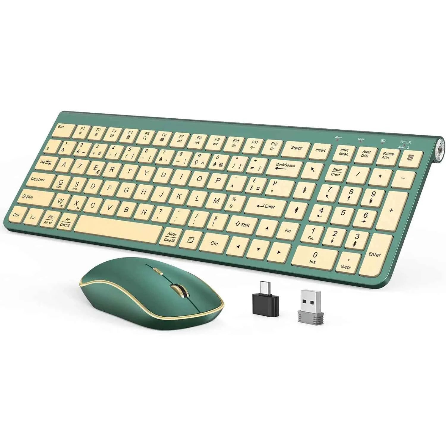 Ergonomic wireless keyboard and mouse, ultra-thin and compact design French AZERTY/ American QWERTY quiet,USB-A and USB-C ports.