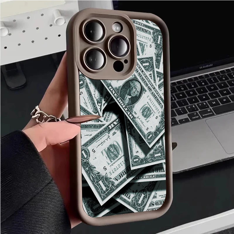 Pink Dollars Full-Coverage Banknote Design Silicone Phone Case For iPhone 17AIR 16 15 14 13 12 11PROMAX Cover