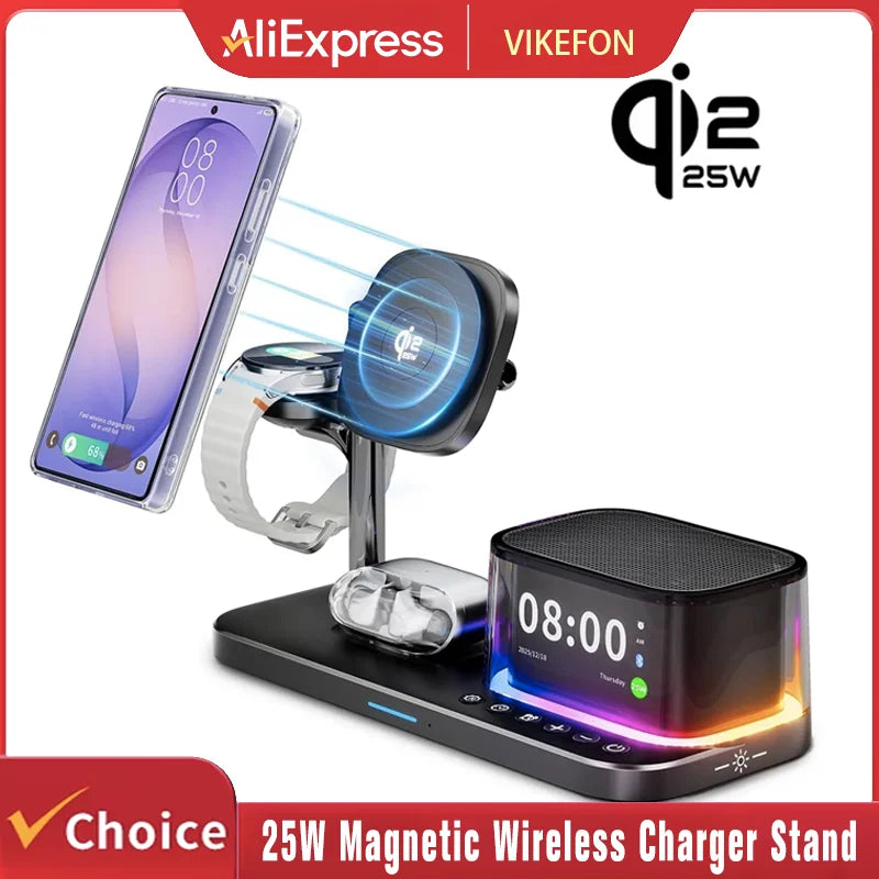 25W Magnetic Wireless Charger Stand Bluetooth Speaker Fast Charging For iPhone Samsung S26 S25/Z Fold 7 Galaxy Watch Ultra 8 7