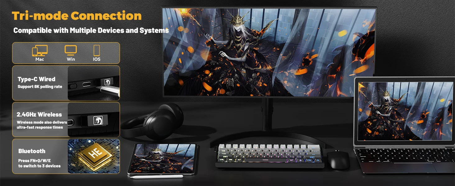 X60 HE 60% Rapid Trigger Wireless Gaming Keyboard,Hall Effect Magnetic Switches,Adjustable Actuation,8KHz Polling Rate