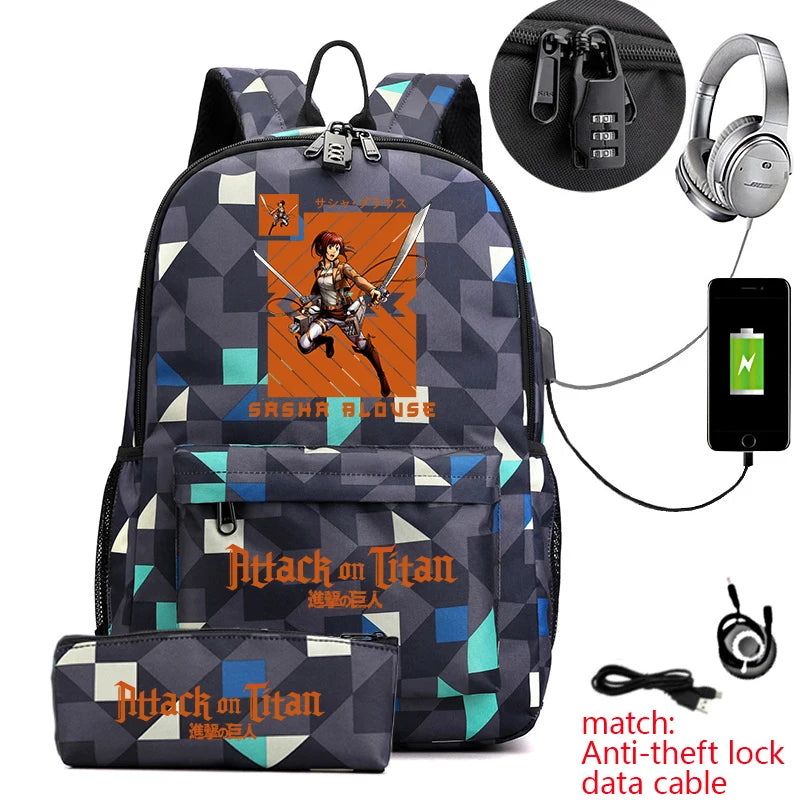 Attack on Titan Anime Print School Backpack Anti-Theft Laptop Bag for Boys Girls with Pencil Case