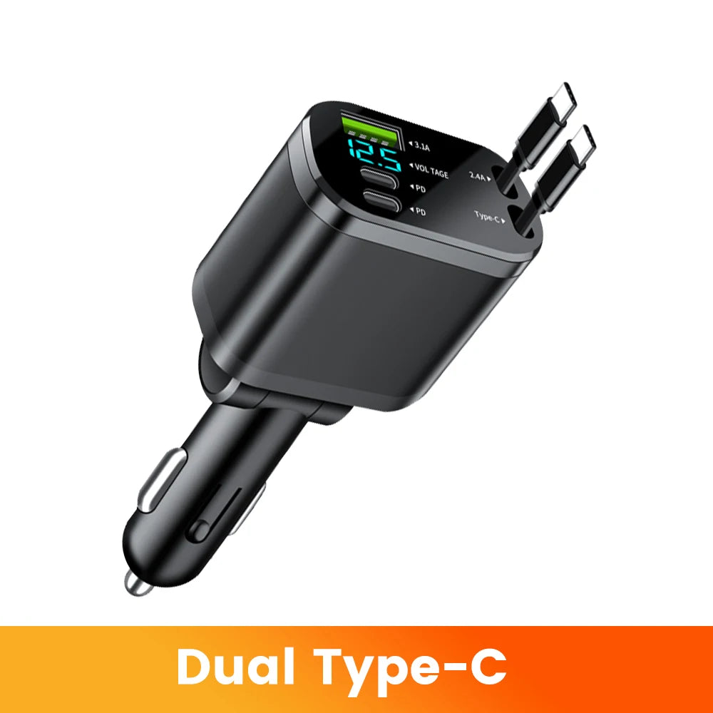 5 IN 1 Car Charger Adapter Fast Charging USB Type C Car Charger with Retractable Type C Cords For iPhone 17 16 15 Pro Samsung