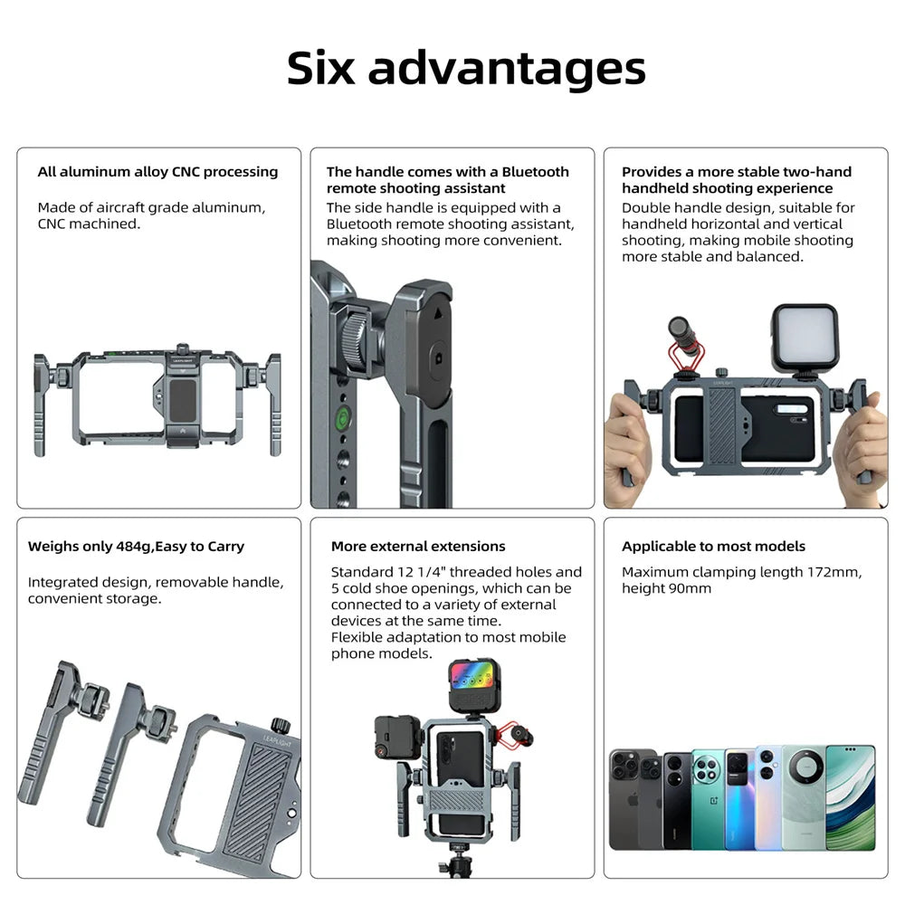 Universal Metal Phone Cage Smart Stabilizer w Handgrip Phone Holder for Iphone 15 14 13 Andriod Mic Led Light Filmmaking Video