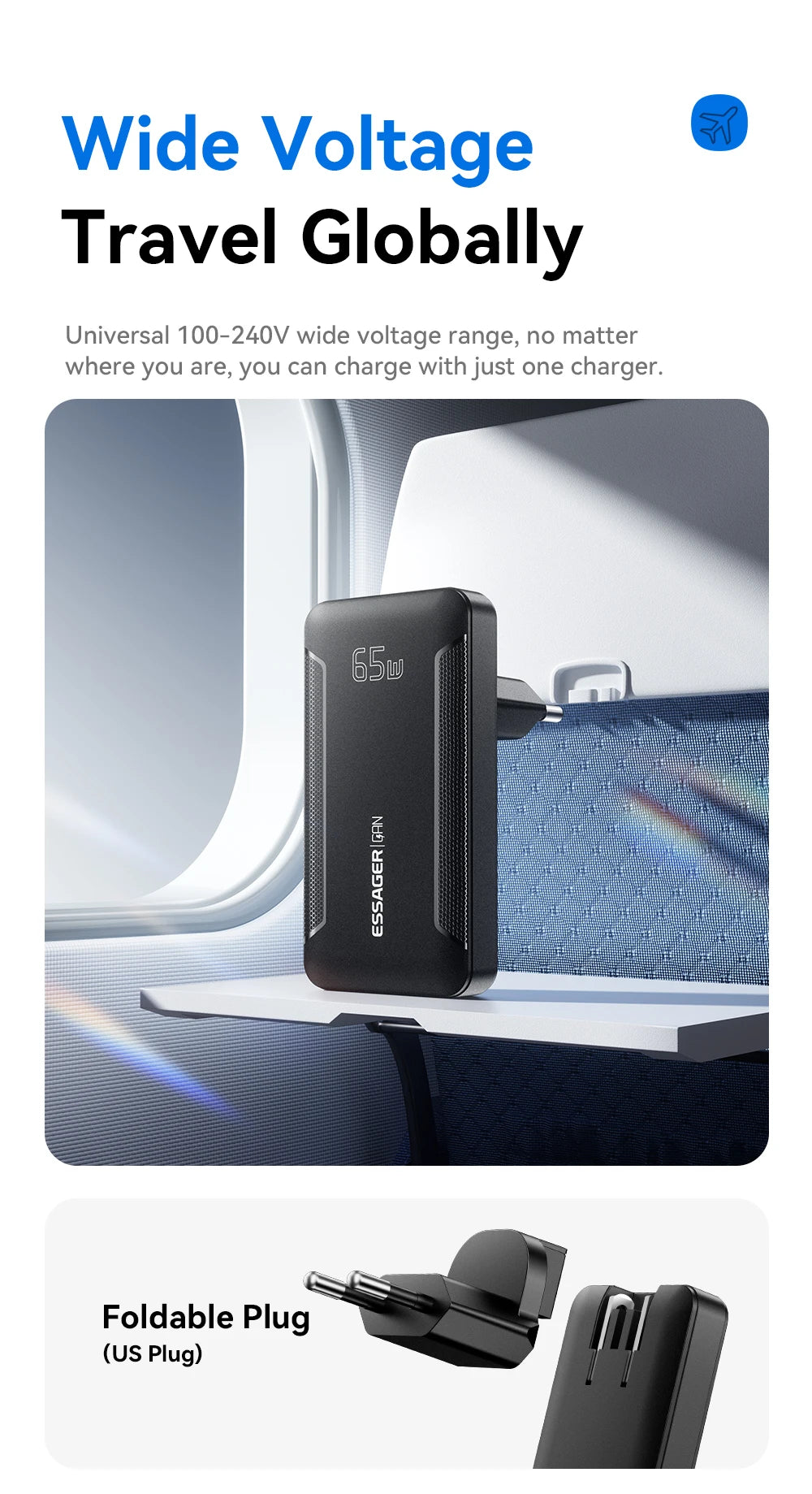 Essager Ultra Thin 65W GaN pro Travel Charger Quick Charge 4.0 PD3.0 Portable Type-C for iPhone 17 16 15Samsung MacBook Laptop