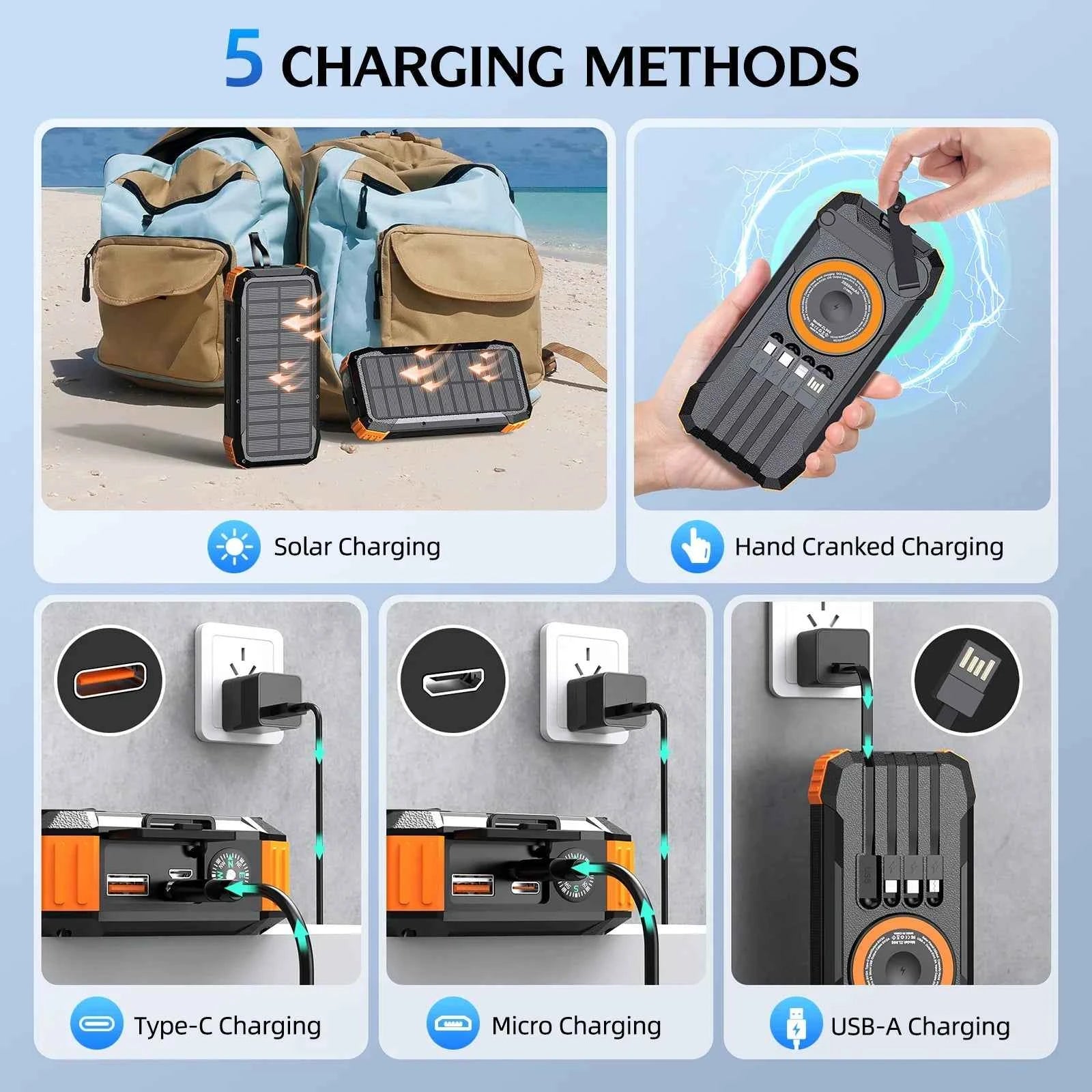 80000mAh Magnetic Wireless Power Bank Solar Hand Crank Portable Charger with LED Emergency Light for iPhone Apple Watch AirPod