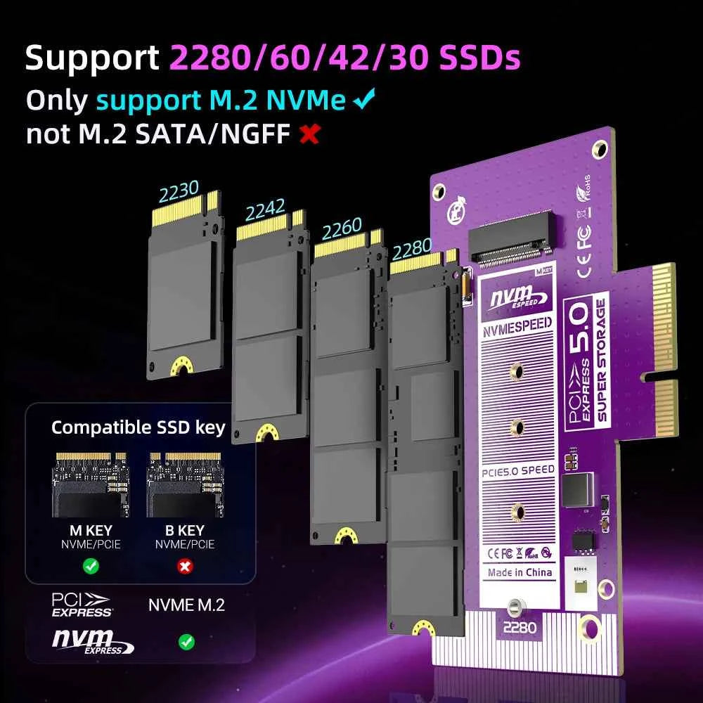 JEYI PCIe 5.0 to M.2 NVMe Adapter Card, High-Speed PCIe X4/X8/X16 to M2 SSD Converter with Cooling Heatsink for Gen5 SSD 128Gbps