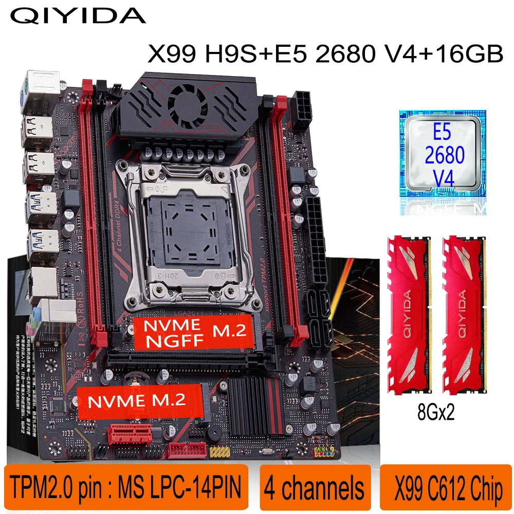 Qiyida X99 motherboard kit LGA2011 3 Xeon E5 2680 V4 2*8GB 16GB DDR4 3200Mhz 4 channels NVME USB3.0 SATA3.0 TPM 2.0 Interface - WinSupport Tech
