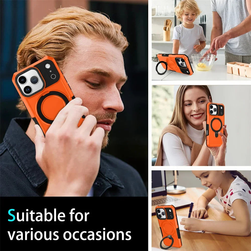 Luxury Anti-slip Frame Armor Magnetic Stand Phone Case For iPhone 17 Pro Max Plus Double Layer Protection Shockproof Back Cover