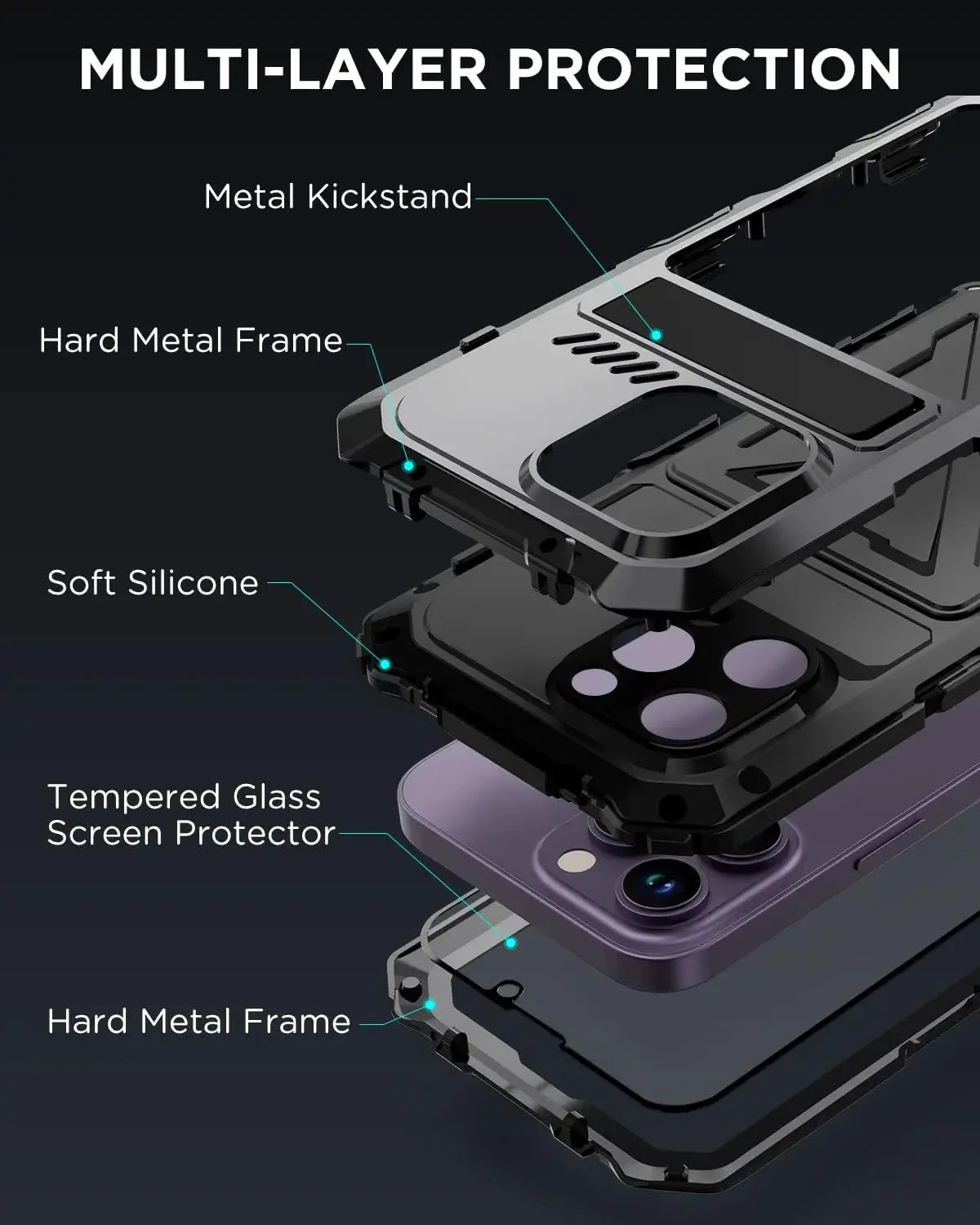 for iPhone 15 14 Pro Max Case Metal Military-Grade Built-in Kickstand & 9H Screen Protector Protective Rugged Heavy Duty Case