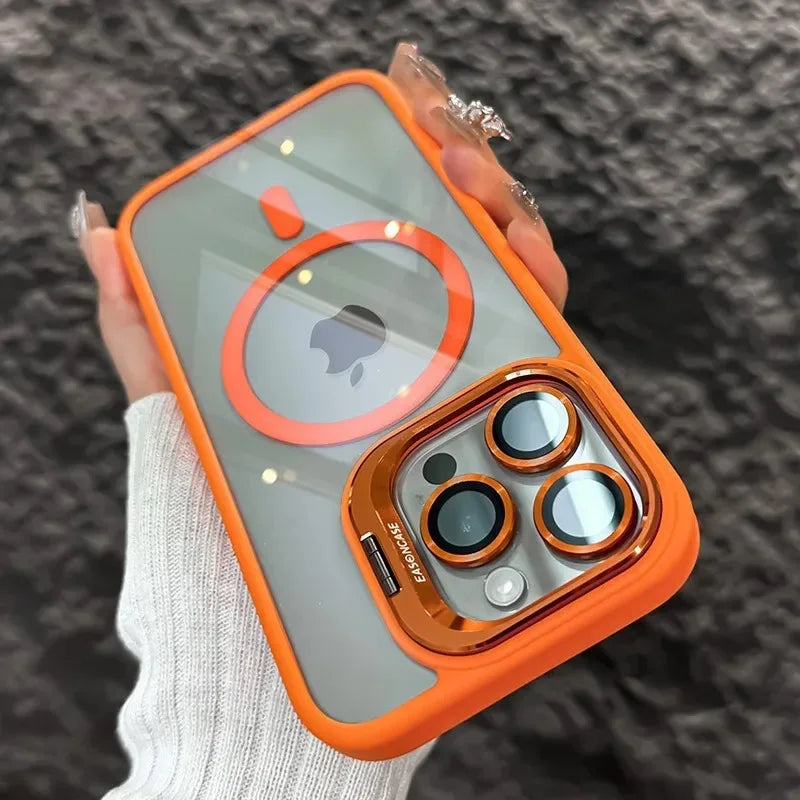 Luxury Magnetic Shockproof Phone Case for iPhone 16/15/14/13/12/11/17 Pro Max with Stand and Glass Lens Case