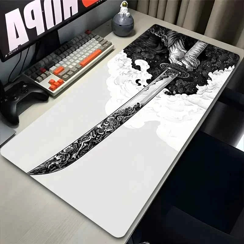 Samurai Black And White Anime Mousepad Gamer Keyboard Large Mouse Pad Gaming Accessories Desk Mat Sword Non-slip Laptop Carpet