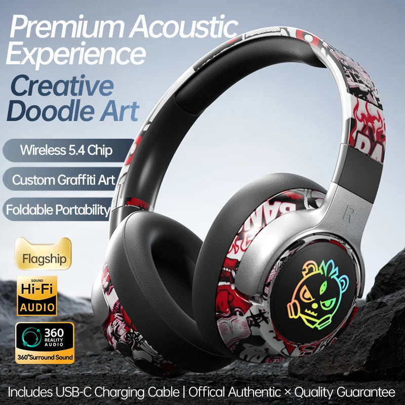SY-T12 Graffiti LED Light Up Wireless Headphones Over Ear Foldable 3D Earpads Bluetooth 5.4 Headset For Gaming Sports
